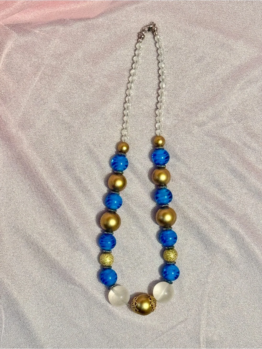Handmade Blue Gold Beaded Statement Necklace & Bracelet Jewelry Set BTJ